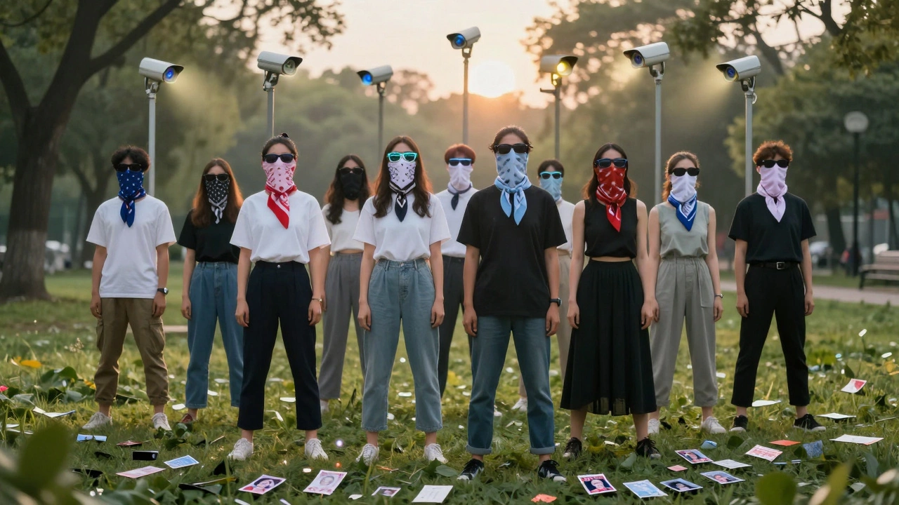 A group of people wear face coverings in a park as surveillance cameras loom behind them at dawn.