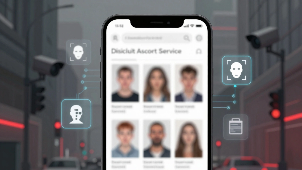 A smartphone screen displays a discreet escort service with blurred faces and digital surveillance icons.