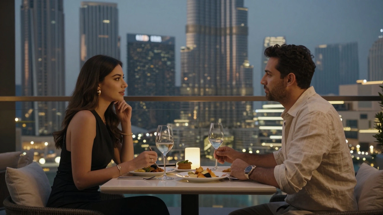 Two people enjoying a refined dinner at a rooftop café in Dubai with city lights in the background.